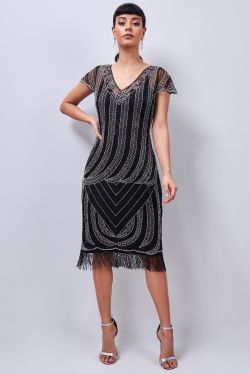 Dorothy Fringe Flapper Dress in Black Silver 1