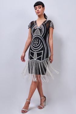 Edith Flapper Fringe Dress in Black Silver 1