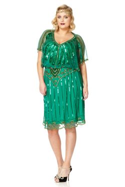Angel Sleeve Plus Size Flapper Dress in Emerald Green 1