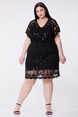Angel Sleeve Flapper Dress in Black Plus Size 1