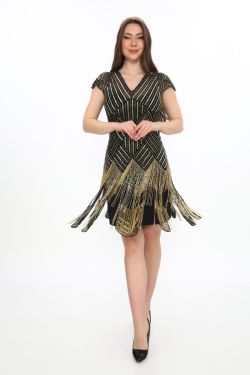 Ann Flapper Dress – Black & Gold Sequin Fringe Party Dress