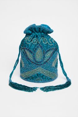 Beatrice Hand Embellished Bucket Bag in Teal 1