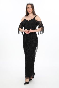 Daisy Maxi – Black Cold Shoulder Fringe Embellished Gown