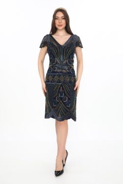 Dora Flapper Dress – Navy Blue Art Deco Beaded Cocktail Dress