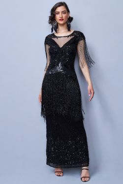 1.Ethel Maxi Fringe Gown in Black 