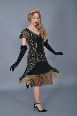 Edith Flapper Fringe Dress in Black Gold