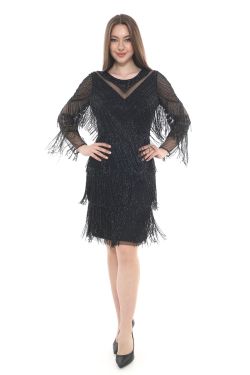 Delores Short Fringe Black Beaded Mesh Midi Dress