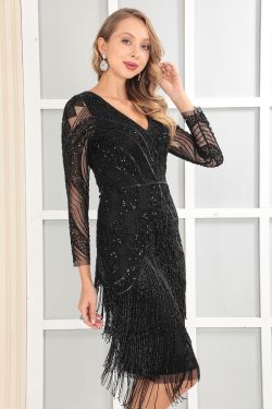 Beaded Fringe Rose Midi – Black Long Sleeve Evening Dress