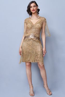 Sybill Fringe Flapper Dress in Gold
