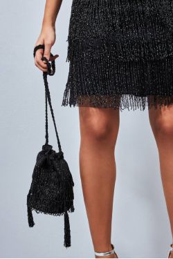 Tassel Hand Embellished Fringe Bucket Bag in Black