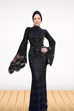 Black Lace Evening Gown with Flared Sleeves