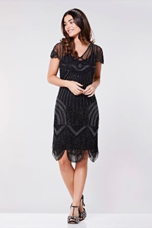 Beatrice Fringe Flapper Dress in Black