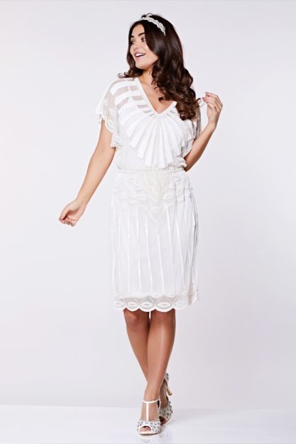 Angel Sleeve Flapper Dress in Off White Gatsbylady London