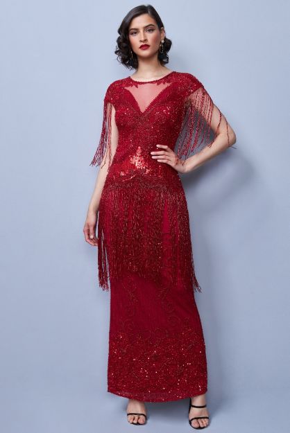 Ethel Maxi Fringe Gown in Red