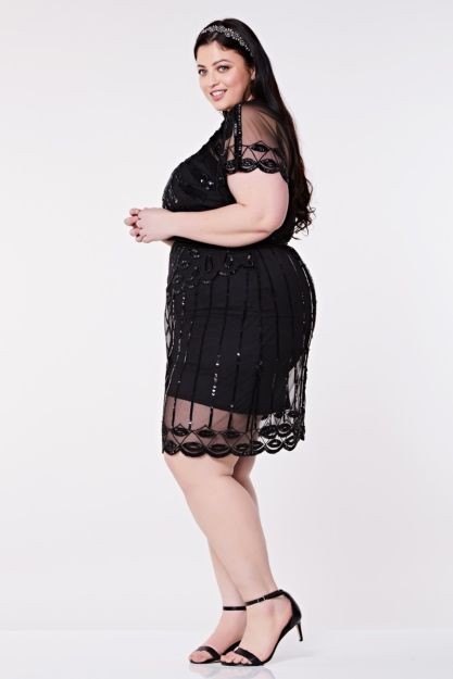 Angel Sleeve Flapper Dress in Black Plus Size Gatsbylady London