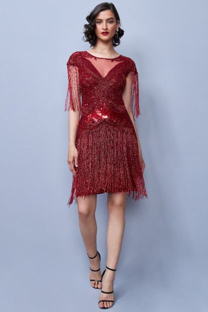 Red and blue fringe dress cheap